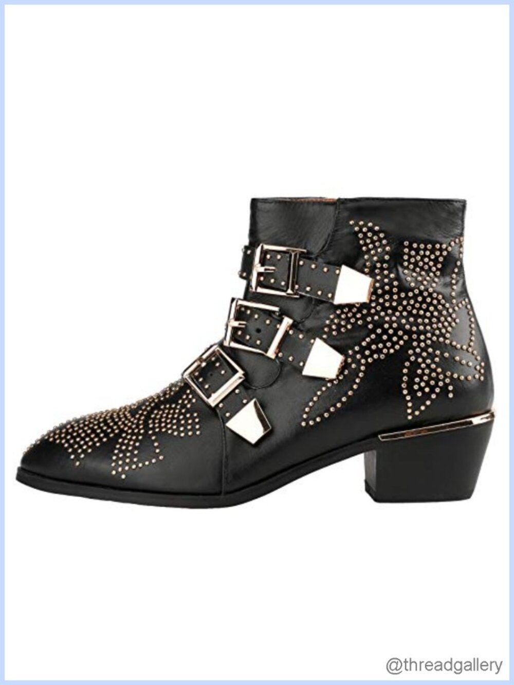 Studded Leather Ankle Boots Chunky Block Heel Almond Toe Side Zipper Booties